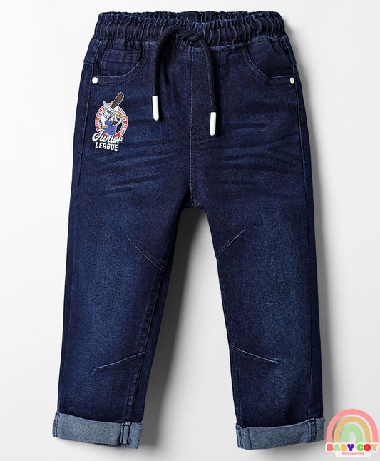 Denim Full Length Washed Jeans With Stretch & Text Print - Navy Blue