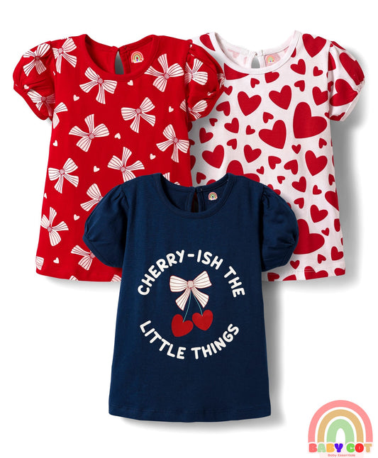 Cotton Knit Half Puffed Sleeves T-Shirts with Bow & Heart Print Pack of 3 - Red White & Navy Blue