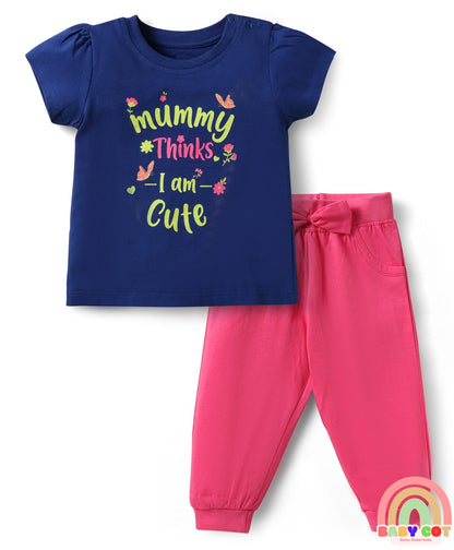 100% Cotton Knit Half Sleeves Floral Printed T-Shirt & Lounge Pant Set with Bow Applique - Pink & Navy Blue