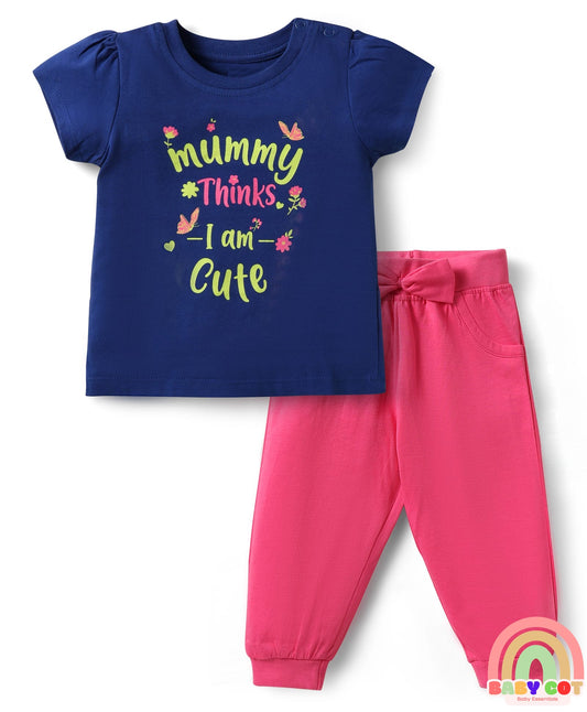 100% Cotton Knit Half Sleeves Floral Printed T-Shirt & Lounge Pant Set with Bow Applique - Pink & Navy Blue