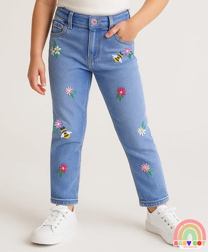 Full Length Washed Denim Jeans With Floral & Honey Bee Embroidery & Stretch - Blue