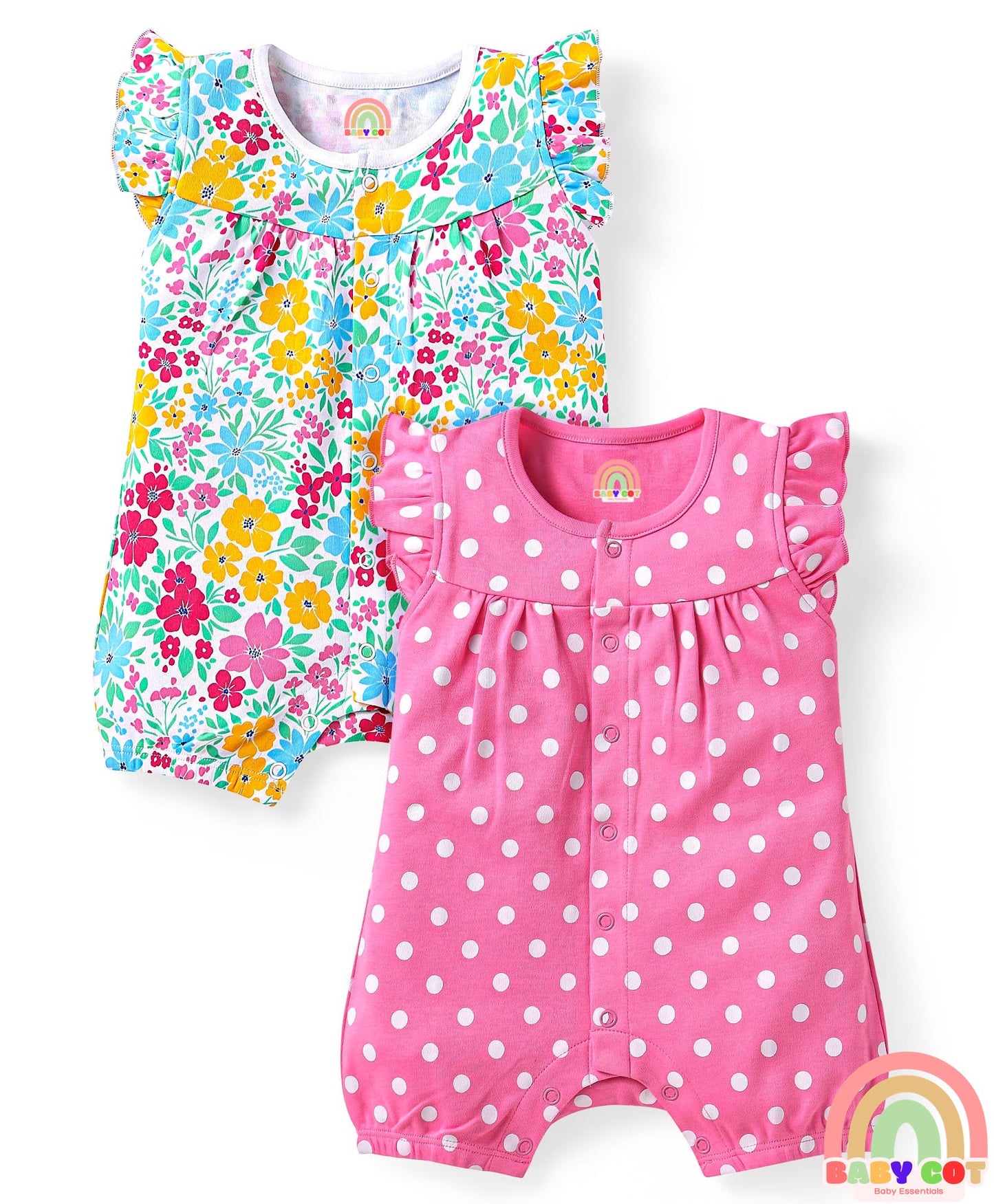 100% Cotton Knit Frill Sleeves Romper with Polka Dots & Floral Print Pack of 2 - Pink & White