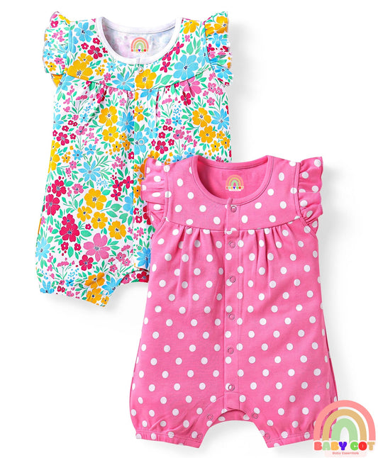 100% Cotton Knit Frill Sleeves Romper with Polka Dots & Floral Print Pack of 2 - Pink & White