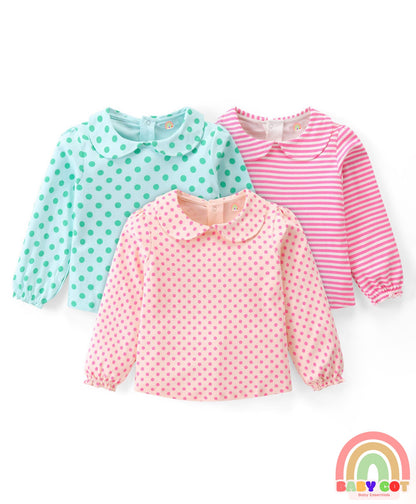 100% Cotton Knit Full Sleeves Peter Pan Collar Top With Eco- Jiva Finish Polka Dots Print Pack of 3- Multicolor