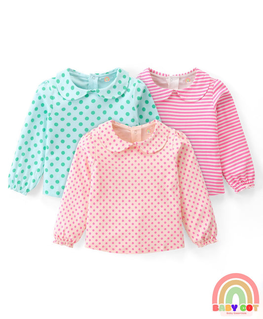 100% Cotton Knit Full Sleeves Peter Pan Collar Top With Eco- Jiva Finish Polka Dots Print Pack of 3- Multicolor