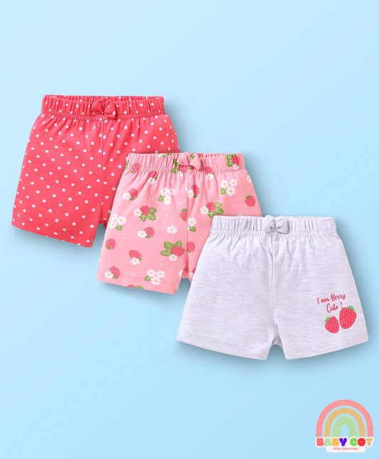Cotton Knit Mid Thigh Shorts with Floral & Polka Dot Print & Bow Applique Pack of 3 - Pink & Grey