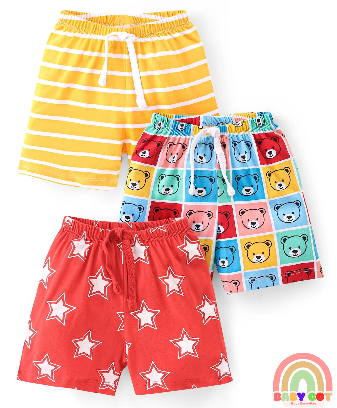 Cotton Knit Single Jersey Shorts With Stars & Teddy Bear Print Pack Of 3 - Yellow Blue & Red