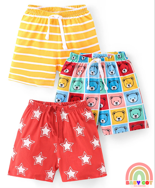 Cotton Knit Single Jersey Shorts With Stars & Teddy Bear Print Pack Of 3 - Yellow Blue & Red