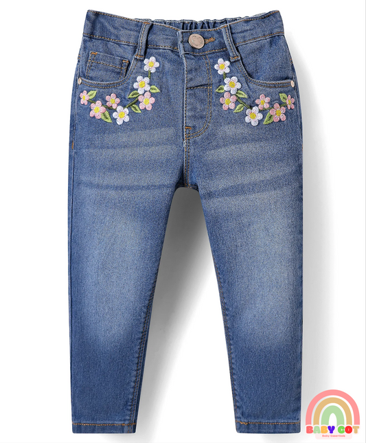 Full Length Washed Denim Jeans with Stretch & Floral Embroidery - Blue