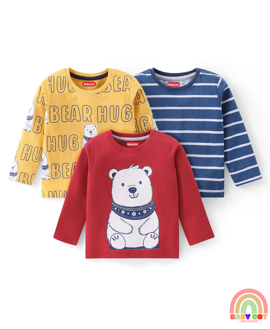 Cotton Knit Full Sleeves Striped Text & Bear Printed T-Shirts Pack of 3 - Red Yellow & Navy Blue
