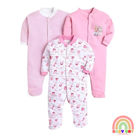 100% Cotton Pink Rompers Sleepsuits Jumpsuit Night Suits for Infants Newborn Baby Boys & Girls