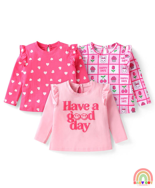 Cotton Knit Full Sleeves Hearts & Text Graphics T-Shirts with Frill Detailing Pack of 3 - Dark Pink
