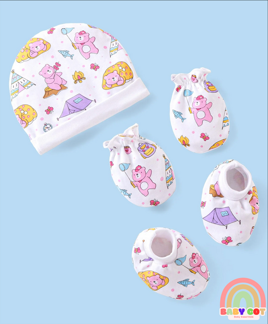 100% Cotton Cap Mittens & Booties with Beach Theme -Multicolour