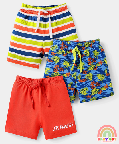 Cotton Knit Mid Thigh Length Shorts with Tropical Theme Print & Stripes Pack of 3 - Red Blue & Light Green