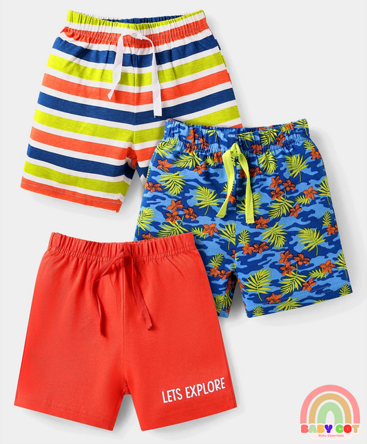 Cotton Knit Mid Thigh Length Shorts with Tropical Theme Print & Stripes Pack of 3 - Red Blue & Light Green