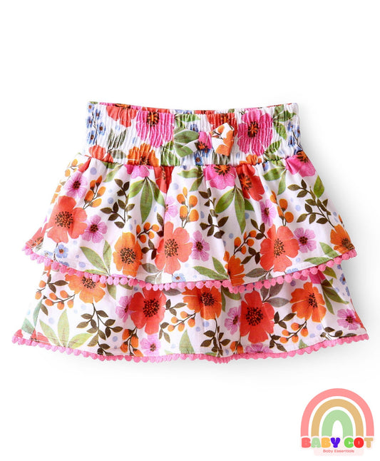 Single Jersey Knit Mid Thigh Skirt With Floral Print - White