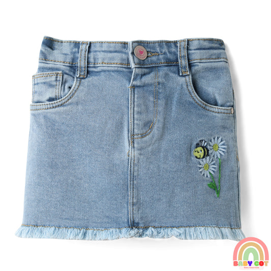 Denim Mid Thigh Washed Skirts With Floral & Bee Embroidery - Light Blue