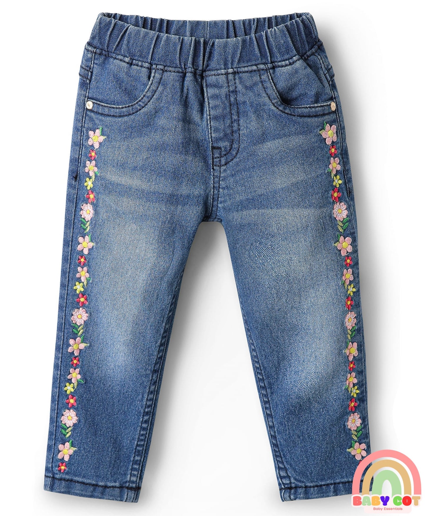 Full Length Denim Jeggings With Stretch Floral Embroidery - Blue