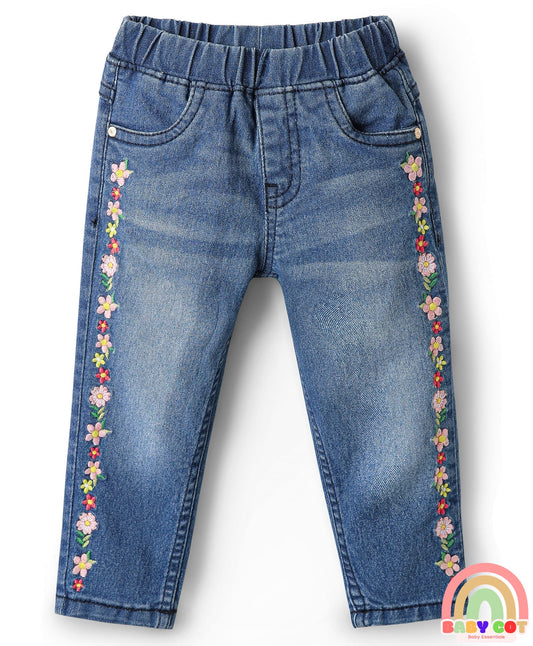 Full Length Denim Jeggings With Stretch Floral Embroidery - Blue
