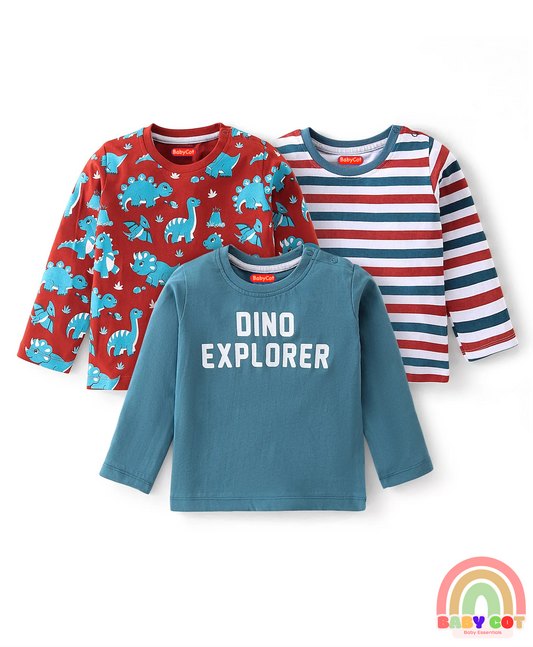 Cotton Knit Full Sleeves T-Shirt with Dino & Striped Print Pack of 3 - Multicolor