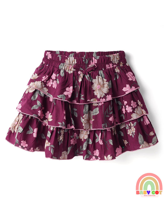 Rayon Woven Floral Printed Layered Skirt - Maroon