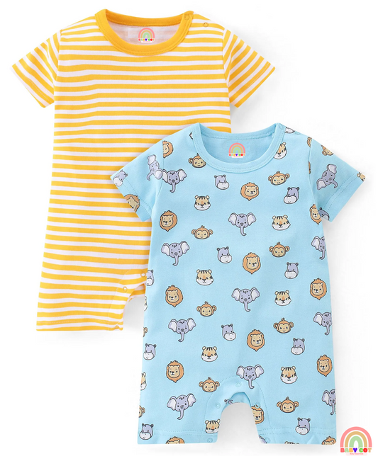 100% Cotton Half Sleeves Romper With Animals Print & Striped Pack Of 2 - Blue & Yellow