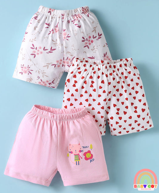 Single Jersey Knit Knee Length Shorts With Hearts & Floral Print Pack Of 3 - Red Pink & White