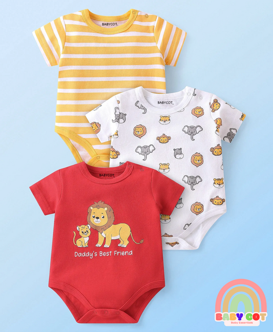 100% Cotton Knit Half Sleeves Onesies Animal Print Pack of 3 - Multicolour