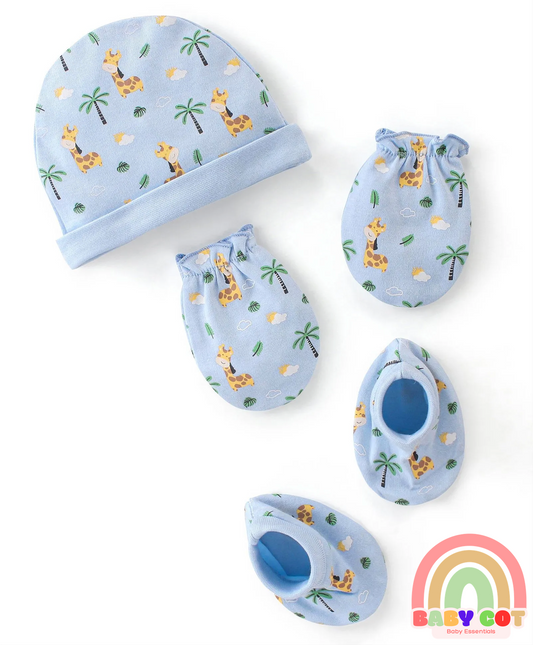 100% Cotton Cap Mittens & Booties Set Giraffe Print - Blue