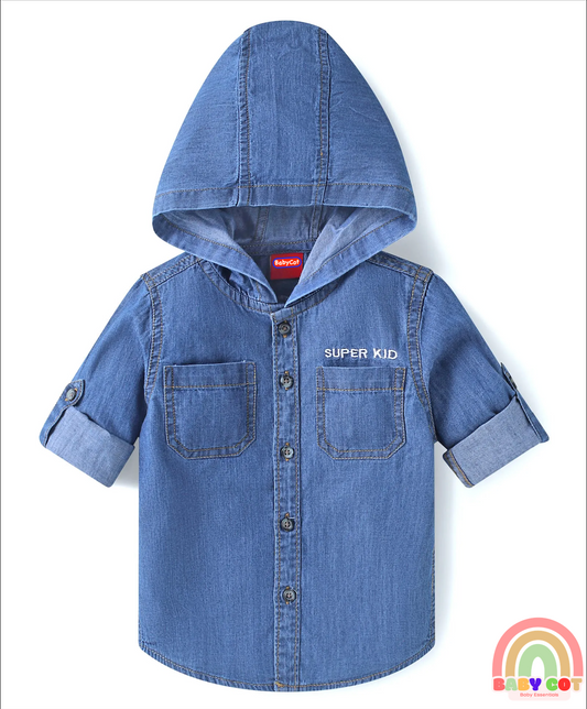 Woven Full Sleeves Washed Hooded Denim Shirt - Blue