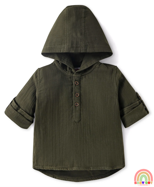Cotton Woven Full Sleeves Hooded Shirt - Olive Green