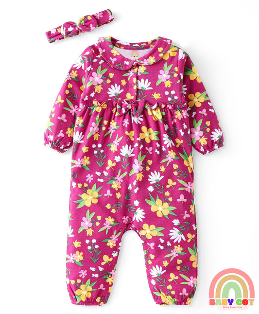 100 % Cotton Full Sleeves Romper with Bow Applique & Headband Floral Print - Red