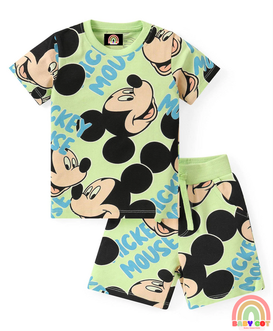 Single Jersey Knit Half Sleeves T-Shirt And Shorts Set Printed - Green
