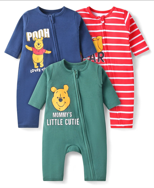 Interlock Knit Full Sleeves Rompers with Printed Graphics Pack of 3 - Red Green & Blue