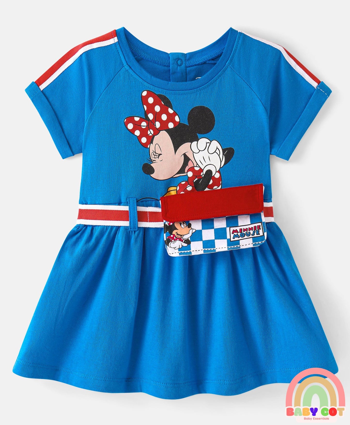 Cotton Half Sleeves Frock with Fanny Pack & Minnie Mouse Print - Blue