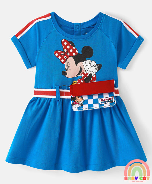 Cotton Half Sleeves Frock with Fanny Pack & Minnie Mouse Print - Blue