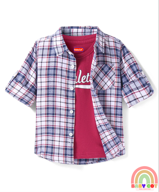 Cotton Woven Full Sleeves Checkered Shirt with Text Print T-Shirt - Blue White & Red