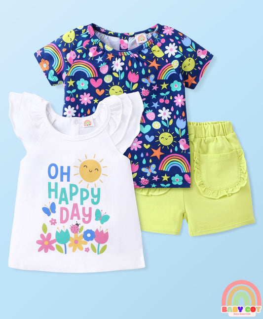 Single Jersey Sleeveless & Half Sleeves Tops with Shorts Set Floral Print - Multicolor