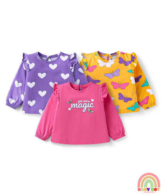 Cotton Knit Full Sleeves T-Shirts With Heart & Butterfly Print Pack Of 3 - Pink & Purple