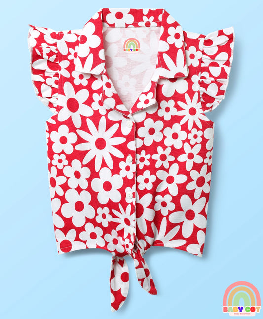 Cotton Knit Frill Sleeves Knotted Top with Floral Print - Red