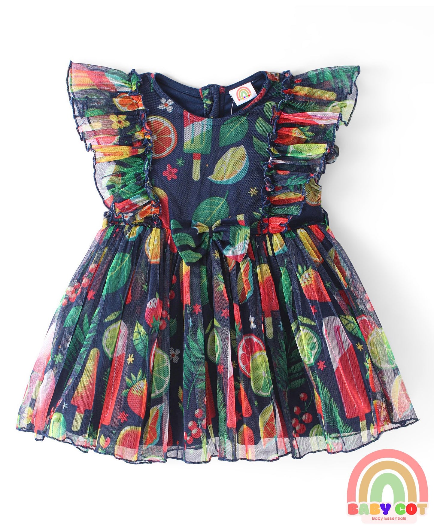 Cotton Woven Sleeveless Frock with Fruit Print & Frill Detailing - Multicolor