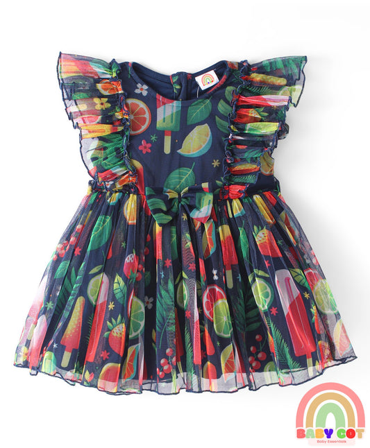 Cotton Woven Sleeveless Frock with Fruit Print & Frill Detailing - Multicolor