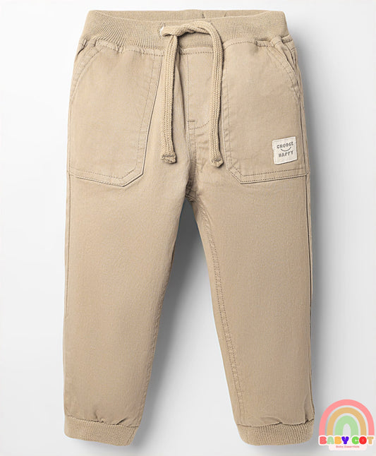 Twill Woven Full Length Solid Coloured Trousers With Stretch - Beige