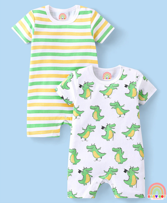 100% Cotton Half Sleeves Rompers Crocodile Print Pack of 2 - Multicolour