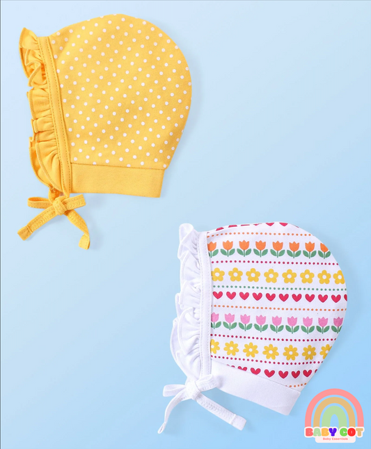 100% Cotton Interlock Knit Polka Dots Print Caps Pack of 2 - Yellow & White