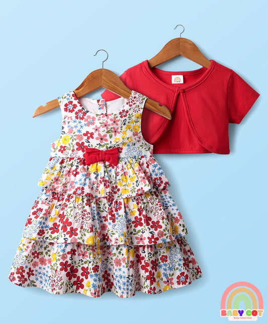 Cotton Knit Half Sleeves Shrug With Floral Printed Layered Frock with Bow Applique - Red