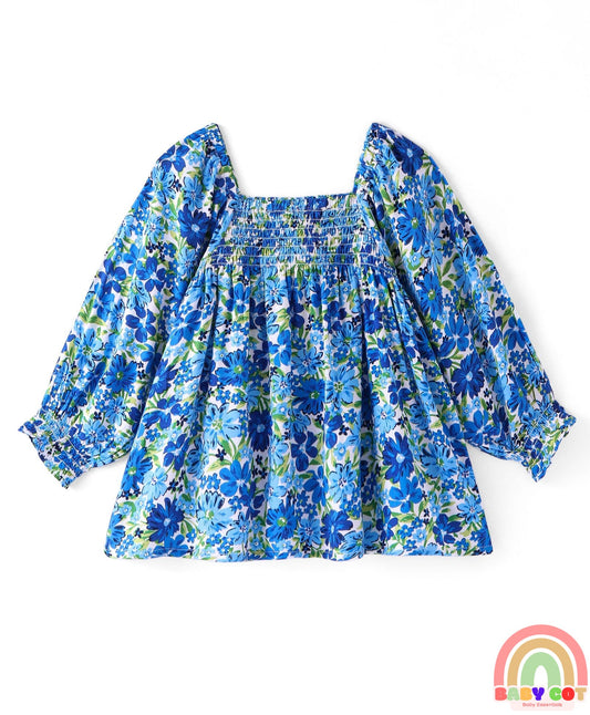 Rayon Woven Full Sleeves Top With Smocking & Floral Print - Blue