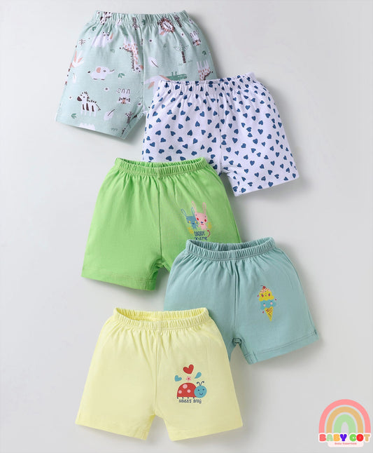 Single Jersey Knit Above Knee Length Shorts With Animal & Heart Print Pack Of 5 - Multicolour