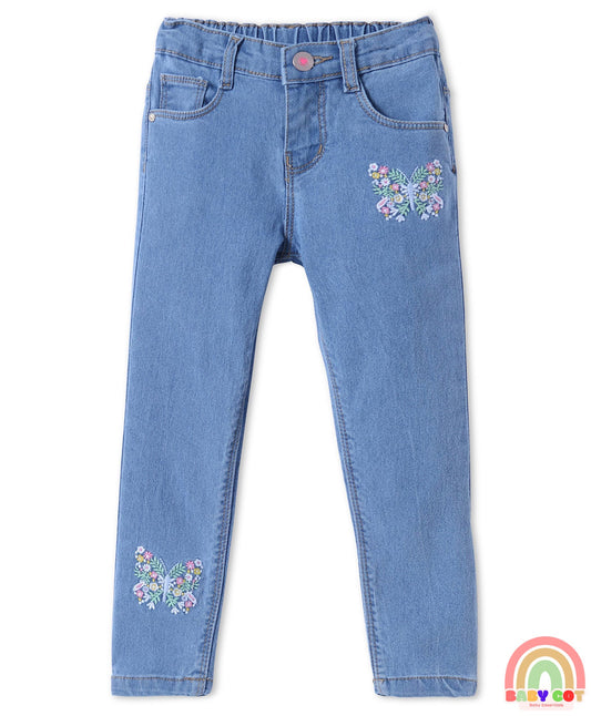 Woven Full Length Washed Denim Jeans With Stretch & Floral Embroidery - Blue