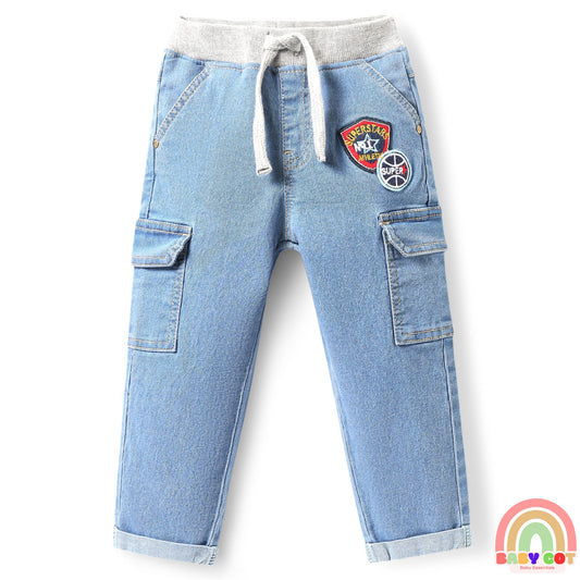 Full Length Washed Denim Jeans with Stretch & Patch Detailing - Light Blue